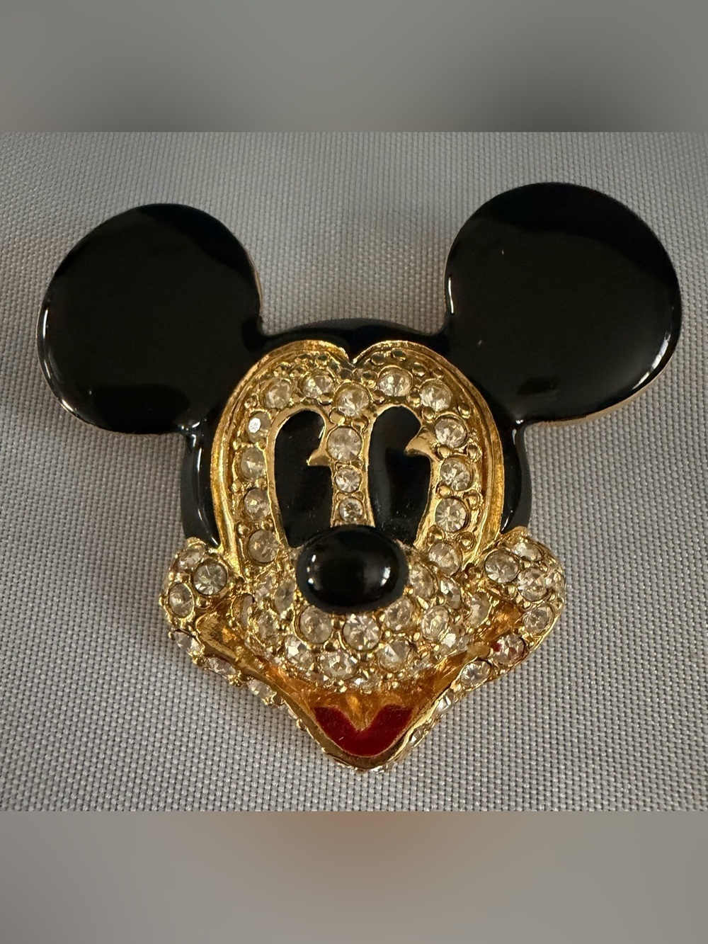 Napier Gold Crystal Mickey Mouse Pin with Black Enamel Ears